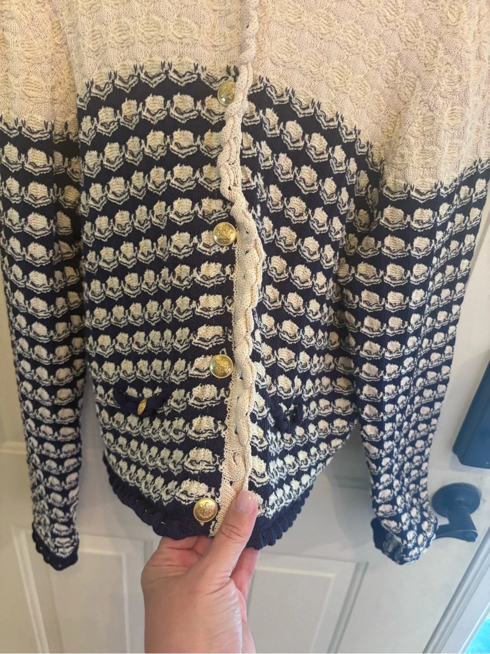J. Crew Cream and Navy Striped Crochet-Texture Cardigan